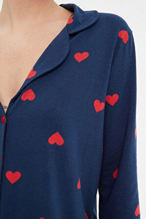 Kadın %100 Pamuk Ceket Yaka Uzun Kol %100 Pamuk Kalp Desenli Gömlek-Pantolon Örme Pijama Takımı