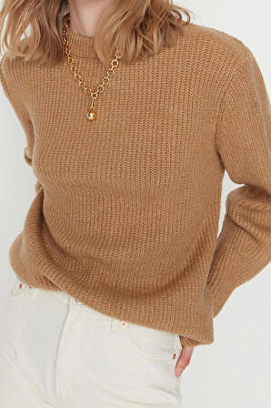 Kadın Moda Regular Bisiklet Yaka Uzun Kol Dokulu Geniş Kalıp Couple Yumuşak Dokulu Basic Triko Kazak