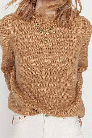 Kadın Moda Regular Bisiklet Yaka Uzun Kol Dokulu Geniş Kalıp Couple Yumuşak Dokulu Basic Triko Kazak