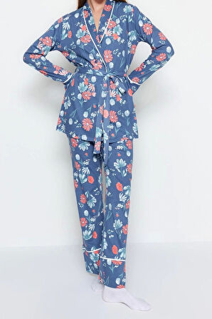 Kadın V Yaka Boru Paça Uzun Kol %100 Pamuk Çiçek Desenli Kruvaze Gömlek-Pantolon Örme Pijama Takımı