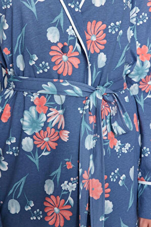 Kadın V Yaka Boru Paça Uzun Kol %100 Pamuk Çiçek Desenli Kruvaze Gömlek-Pantolon Örme Pijama Takımı