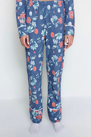 Kadın V Yaka Boru Paça Uzun Kol %100 Pamuk Çiçek Desenli Kruvaze Gömlek-Pantolon Örme Pijama Takımı