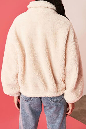 Kadın Moda Şık Oversize Dik Yaka Standart Düz Astarlı Oversize Peluş Mont