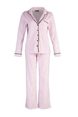 Kadın Moda Şık Gömlek Yaka Geniş Paça Uzun Kol %100 Pamuklu Çizgili Biyeli Örme Pijama Takımı