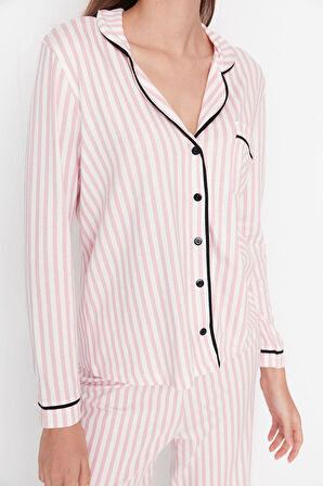 Kadın Moda Şık Gömlek Yaka Geniş Paça Uzun Kol %100 Pamuklu Çizgili Biyeli Örme Pijama Takımı