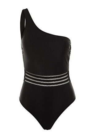 Kadın Destekli Askılı Brazilian Yaka Siyah Tek Omuz Şerit Aksesuarlı Regular Mayo