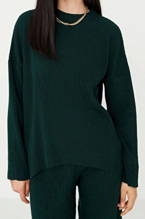 Kadın Moda Şık Boru Paça Regular Boy Uzun Kollu Basic Bisiklet Yaka Triko Alt-Üst Takım