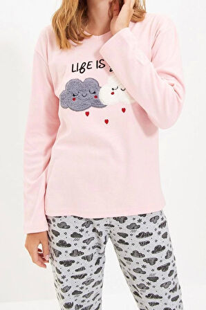 Kadın Pamuklu V Yaka Uzun Kol Pamuklu Nakışlı Örme Pijama Takımı