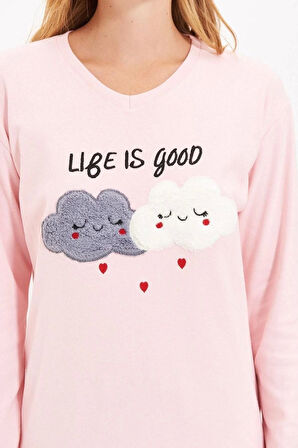 Kadın Pamuklu V Yaka Uzun Kol Pamuklu Nakışlı Örme Pijama Takımı