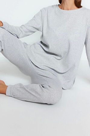Kadın Pamuklu Bisiklet Yaka Uzun Kol Fitilli Pamuklu Geniş Kalıp Örme Pijama Takımı