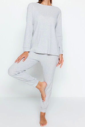 Kadın Pamuklu Bisiklet Yaka Uzun Kol Fitilli Pamuklu Geniş Kalıp Örme Pijama Takımı