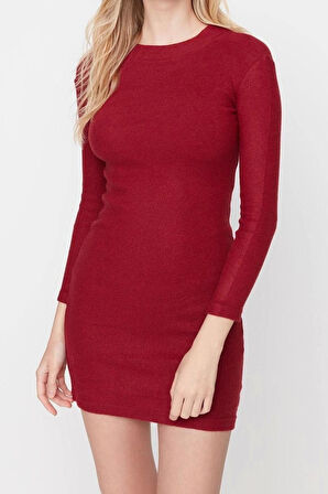 Yeni Slim Casual Günlük Rejenere Kaşkorse Örme Dik Yaka Uzun Kol Bodycone Mini Boy Elbise