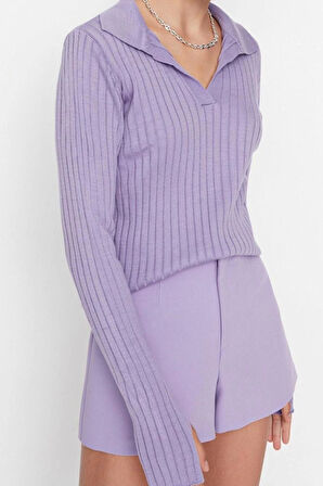 Kadın Moda Şık Regular Polo Yaka Uzun Kol Düz Kol Ucu Detaylı Polo Yaka Triko Kazak