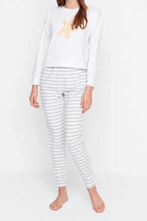 Kadın Moda Şık Bisiklet Yaka Lastikli Paça Uzun Kol %100 Pamuklu Ayıcık Baskılı Örme Pijama Takımı