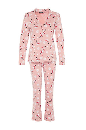 Kadın Moda Şık Gömlek Yaka Boru Paça Uzun Kol %100 Pamuk Yılbaşı Temalı Örme Pijama Takımı