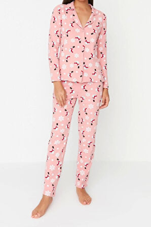 Kadın Moda Şık Gömlek Yaka Boru Paça Uzun Kol %100 Pamuk Yılbaşı Temalı Örme Pijama Takımı