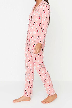 Kadın Moda Şık Gömlek Yaka Boru Paça Uzun Kol %100 Pamuk Yılbaşı Temalı Örme Pijama Takımı