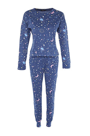 Kadın Moda Şık Bisiklet Yaka Lastikli Paça Uzun Kol %100 Pamuklu Galaksi Desenli Örme Pijama Takımı