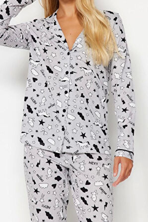 Kadın Moda Şık Gömlek Yaka Boru Paça Uzun Kol Desenli Örme Pijama Takımı
