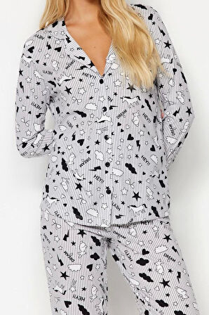 Kadın Moda Şık Gömlek Yaka Boru Paça Uzun Kol Desenli Örme Pijama Takımı