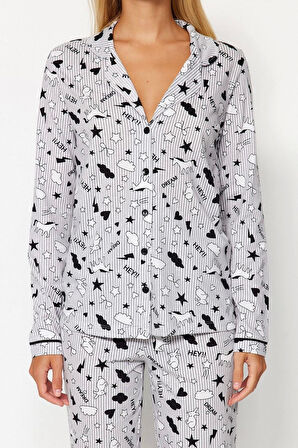 Kadın Moda Şık Gömlek Yaka Boru Paça Uzun Kol Desenli Örme Pijama Takımı