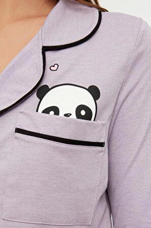 Kadın Pamuk Polyester Gömlek Yaka Uzun Kol Pamuklu Panda Baskılı Gömlek-Pantolon Örme Pijama Takımı