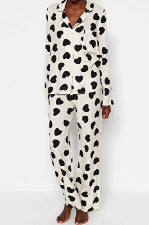 Kadın Viskon Gömlek Yaka Uzun Kol Kalpli Viskon Gömlek-Pantolon Dokuma Pijama Takımı