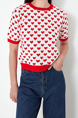 Kadın Moda Şık Regular Bisiklet Yaka Kısa Kol Kalp Triko Kazak