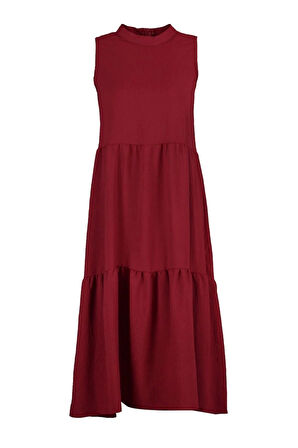 Yeni Regular Casual Günlük Aerobin Dokuma Dik Yaka Kolsuz Kol Shift Midi Boy Elbise