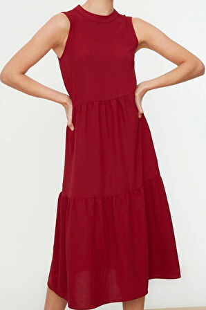 Yeni Regular Casual Günlük Aerobin Dokuma Dik Yaka Kolsuz Kol Shift Midi Boy Elbise