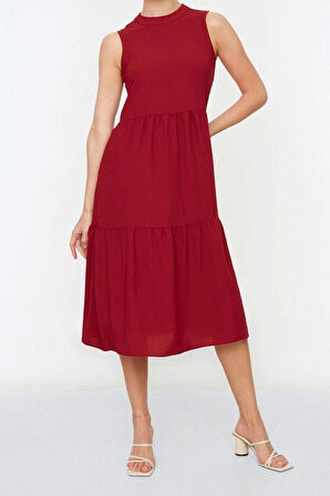 Yeni Regular Casual Günlük Aerobin Dokuma Dik Yaka Kolsuz Kol Shift Midi Boy Elbise