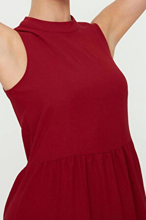 Yeni Regular Casual Günlük Aerobin Dokuma Dik Yaka Kolsuz Kol Shift Midi Boy Elbise