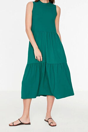 Yeni Regular Casual Günlük Aerobin Dokuma Dik Yaka Kolsuz Kol Shift Midi Boy Elbise