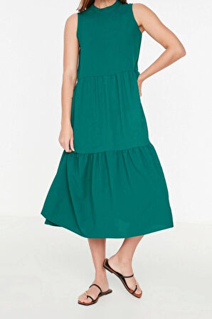 Yeni Regular Casual Günlük Aerobin Dokuma Dik Yaka Kolsuz Kol Shift Midi Boy Elbise