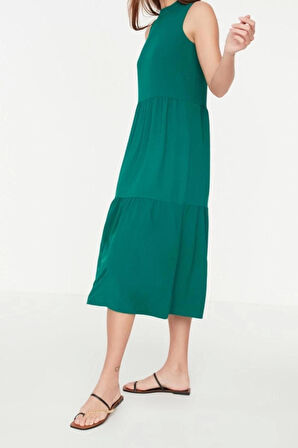 Yeni Regular Casual Günlük Aerobin Dokuma Dik Yaka Kolsuz Kol Shift Midi Boy Elbise