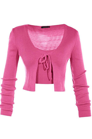 Kadın Moda Şık Crop V Yaka Slim Crop Bağlama Detaylı Bluz-Hırka Triko Takım