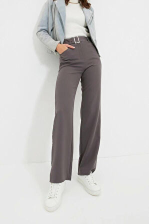 Kadın Yeni Moda Boru Paça Regular Boy Dokuma Kemerli Düz Kesim Pantolon