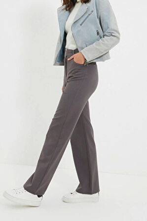 Kadın Yeni Moda Boru Paça Regular Boy Dokuma Kemerli Düz Kesim Pantolon