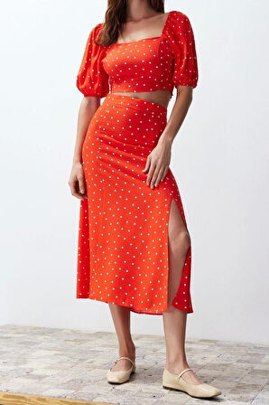 Kadın Moda Şık Geniş Paça Uzun Kollu Yırtmaçlı Midi Viskon Dokuma Puantiyeli Bluz-Etek Takım