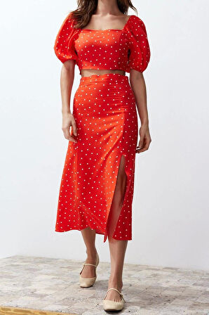 Kadın Moda Şık Geniş Paça Uzun Kollu Yırtmaçlı Midi Viskon Dokuma Puantiyeli Bluz-Etek Takım