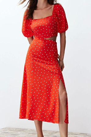 Kadın Moda Şık Geniş Paça Uzun Kollu Yırtmaçlı Midi Viskon Dokuma Puantiyeli Bluz-Etek Takım