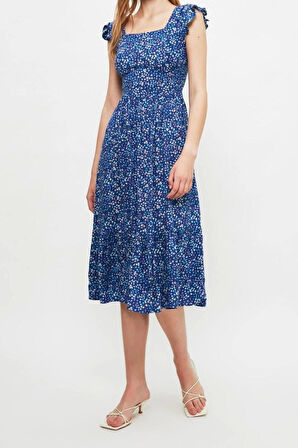 Yeni Regular Casual Günlük Shally Dokuma Kare Yaka Kolsuz Kol A-Line Midi Boy Elbise