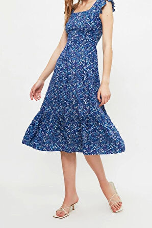 Yeni Regular Casual Günlük Shally Dokuma Kare Yaka Kolsuz Kol A-Line Midi Boy Elbise