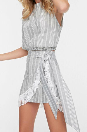 Kadın Moda Şık Geniş Paça Kısa Boy Uzun Kollu Çizgili Dokuma Püsküllü Bluz Etek Takım