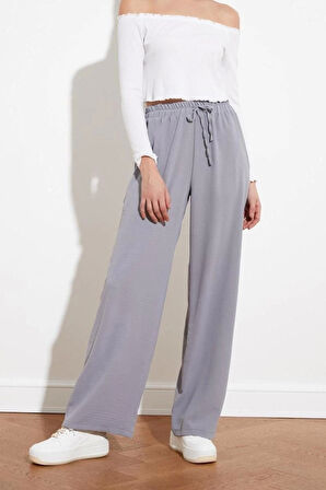 Kadın Yeni Moda Geniş Paça Uzun Boy Dokuma Beli Lastikli Wide Leg Geniş Paça Pantolon