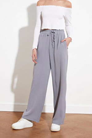Kadın Yeni Moda Geniş Paça Uzun Boy Dokuma Beli Lastikli Wide Leg Geniş Paça Pantolon