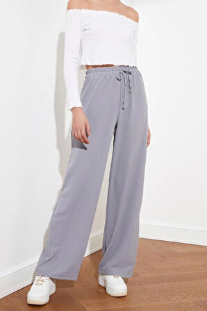 Kadın Yeni Moda Geniş Paça Uzun Boy Dokuma Beli Lastikli Wide Leg Geniş Paça Pantolon