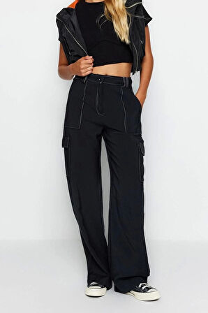 Kadın Yeni Moda Geniş Paça Uzun Boy Dokuma Kargo Geniş Paça Kontrast Dikiş Detaylı Pantolon