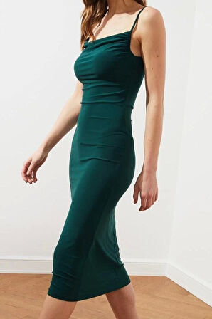 Yeni Slim Gündüz Gece Sandy Örme Degaje Yaka Askılı Kol Bodycone Midi Boy Elbise