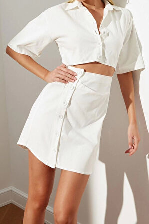 Yeni Regular Casual Günlük Gabardin Dokuma Gömlek Yaka Kısa Kol A-Line Mini Boy Elbise